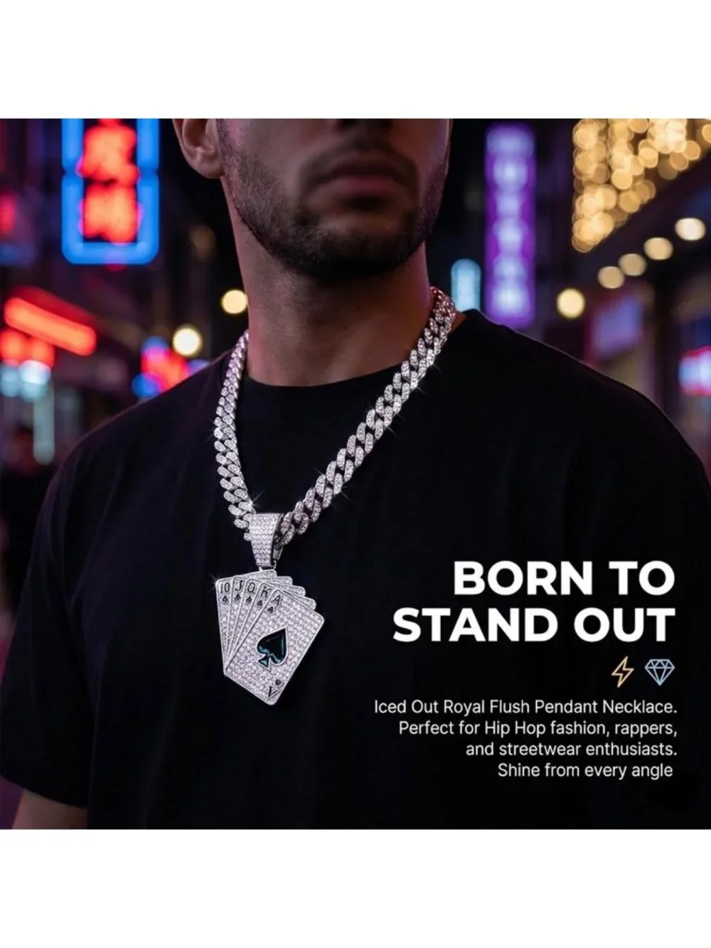 Iced Out Cuban Link Chain Necklace with Royal Flush Pendant, 20
